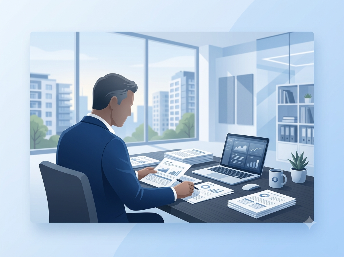 Ilustração de profissional revisando relatórios financeiros, com prédios residenciais ao fundo