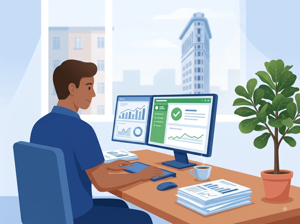 Profissional analisando gráficos financeiros no computador, com relatórios sobre a mesa